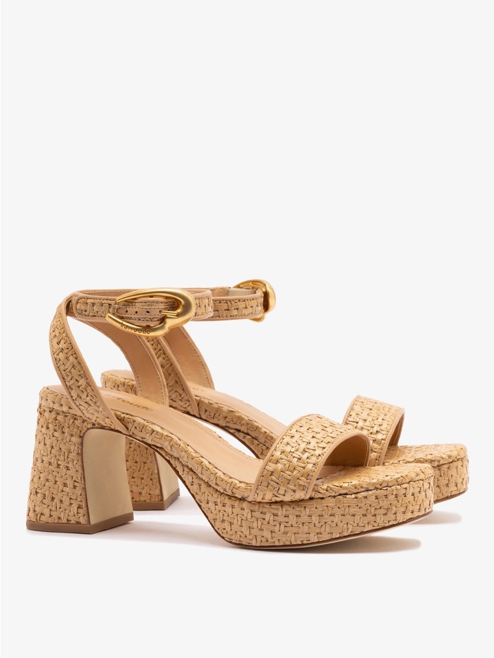 Larroude Dolly Verona Low Sandal In Natural Raffia and Beige Leather, size 10
